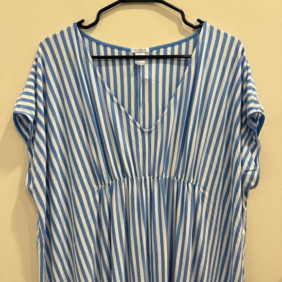 Lake Seafarer Blue Stripe DreamKnit Stretch Jersey Caftan Coastal Preppy Lounge - Picture 4 of 12